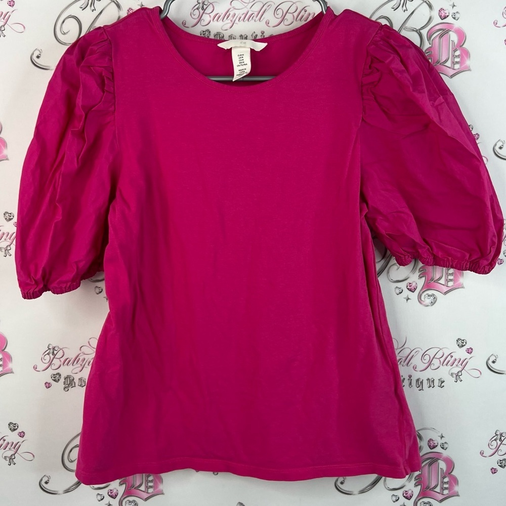 H&M tshirt puff sleeve shoulders deep pink puffy Fuchsia Puff Sleeve Blouse